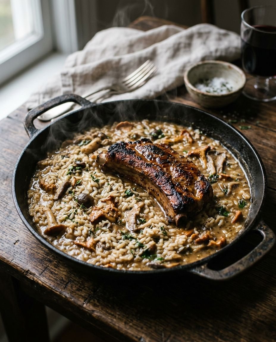Arroz meloso con costilla y setas en una paella de hierro