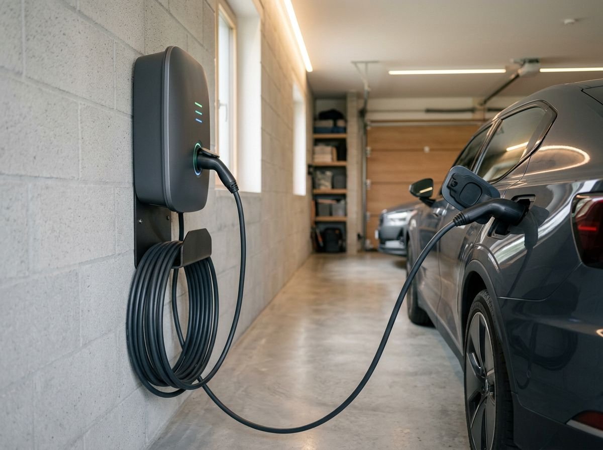 Cargador de coche eléctrico en la pared de un garaje con un coche conectado