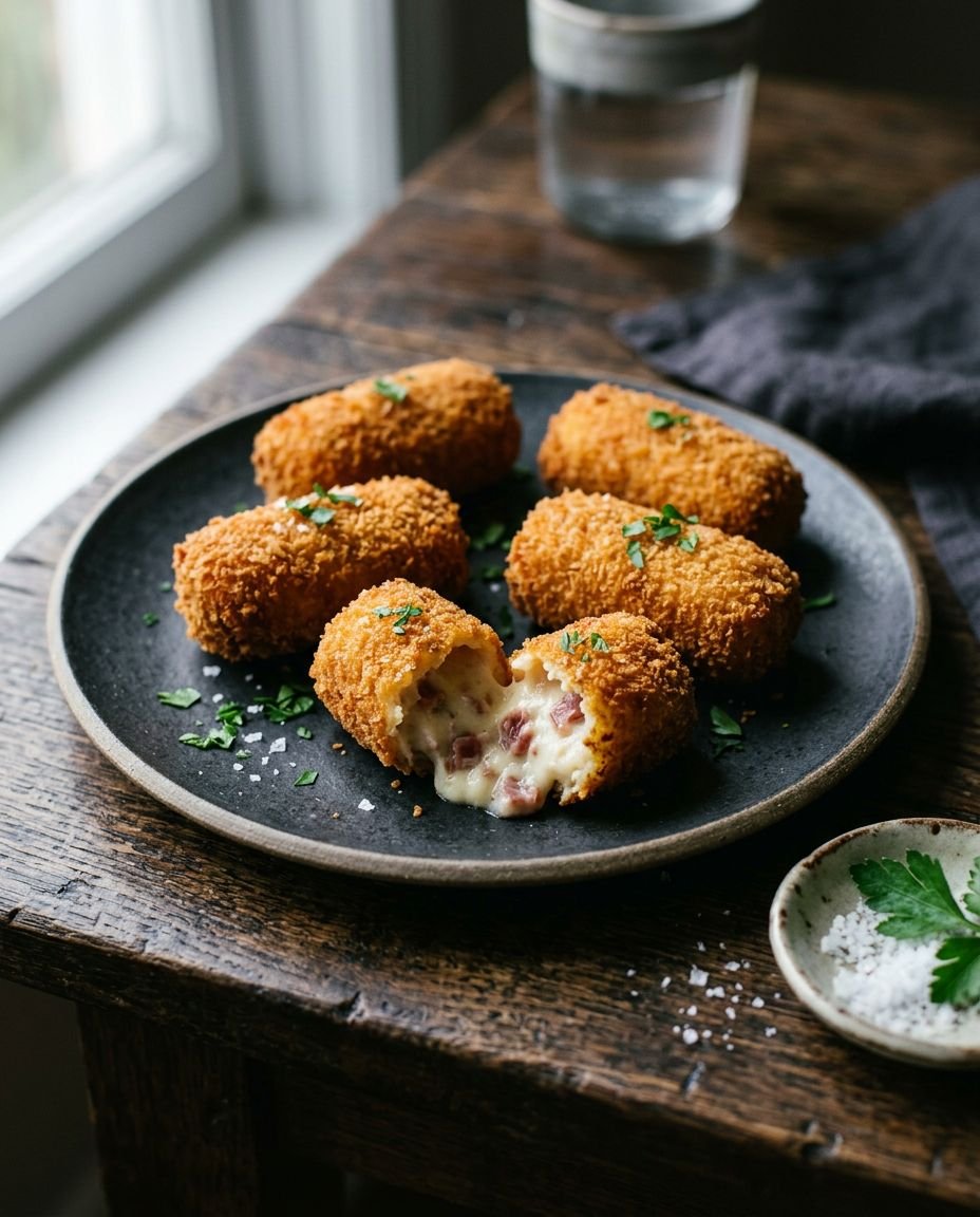 Plato de croquetas doradas, una abierta, sobre una mesa de madera
