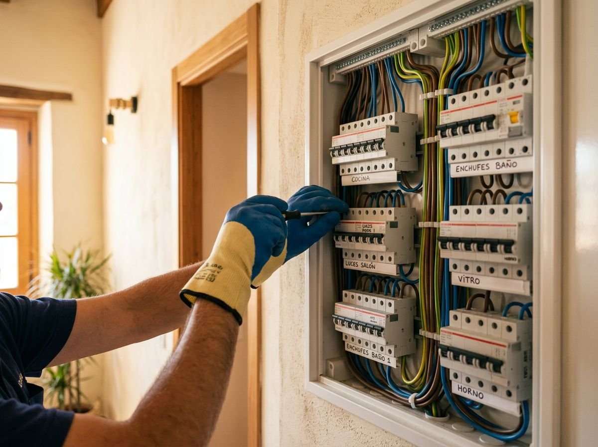 Electricista con guantes trabajando en un cuadro eléctrico