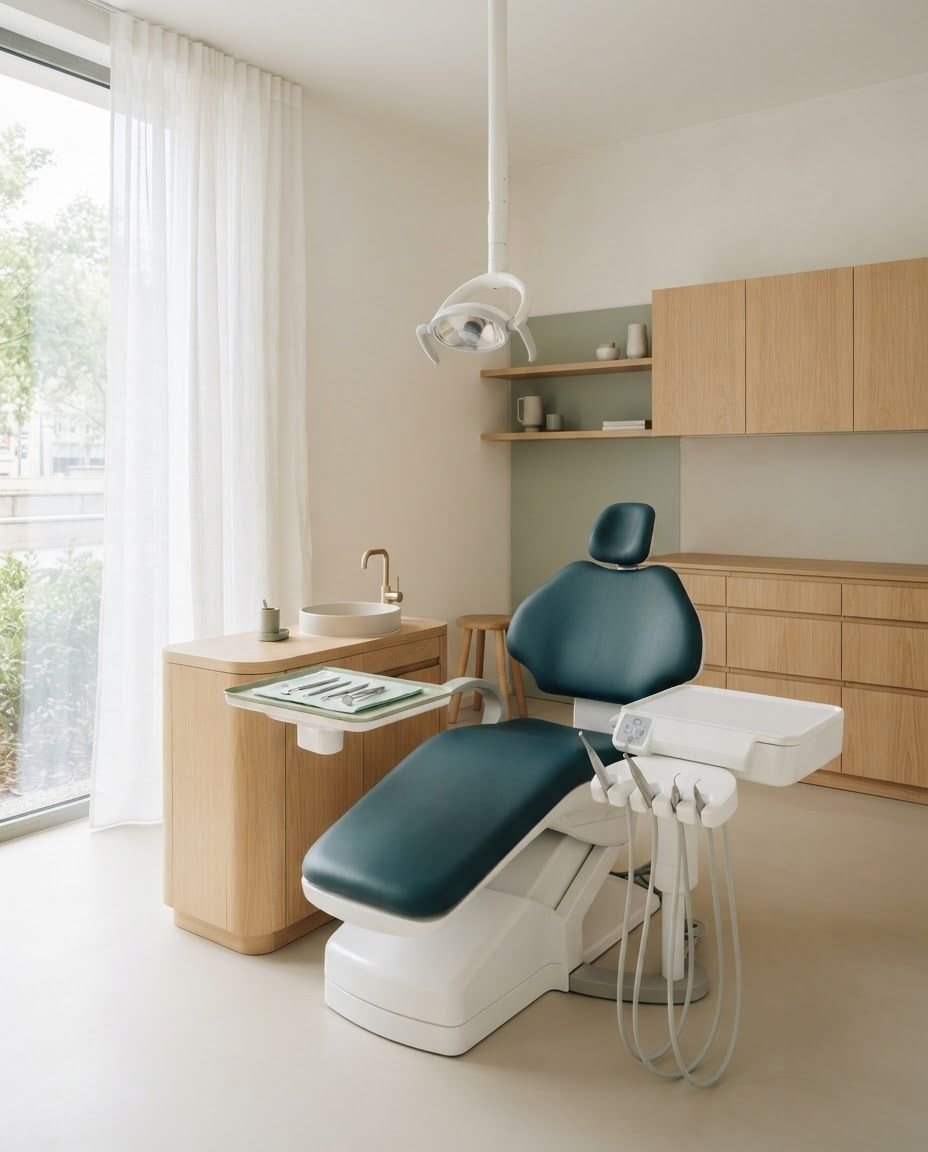 Gabinete dental con sillón verde azulado y muebles de madera