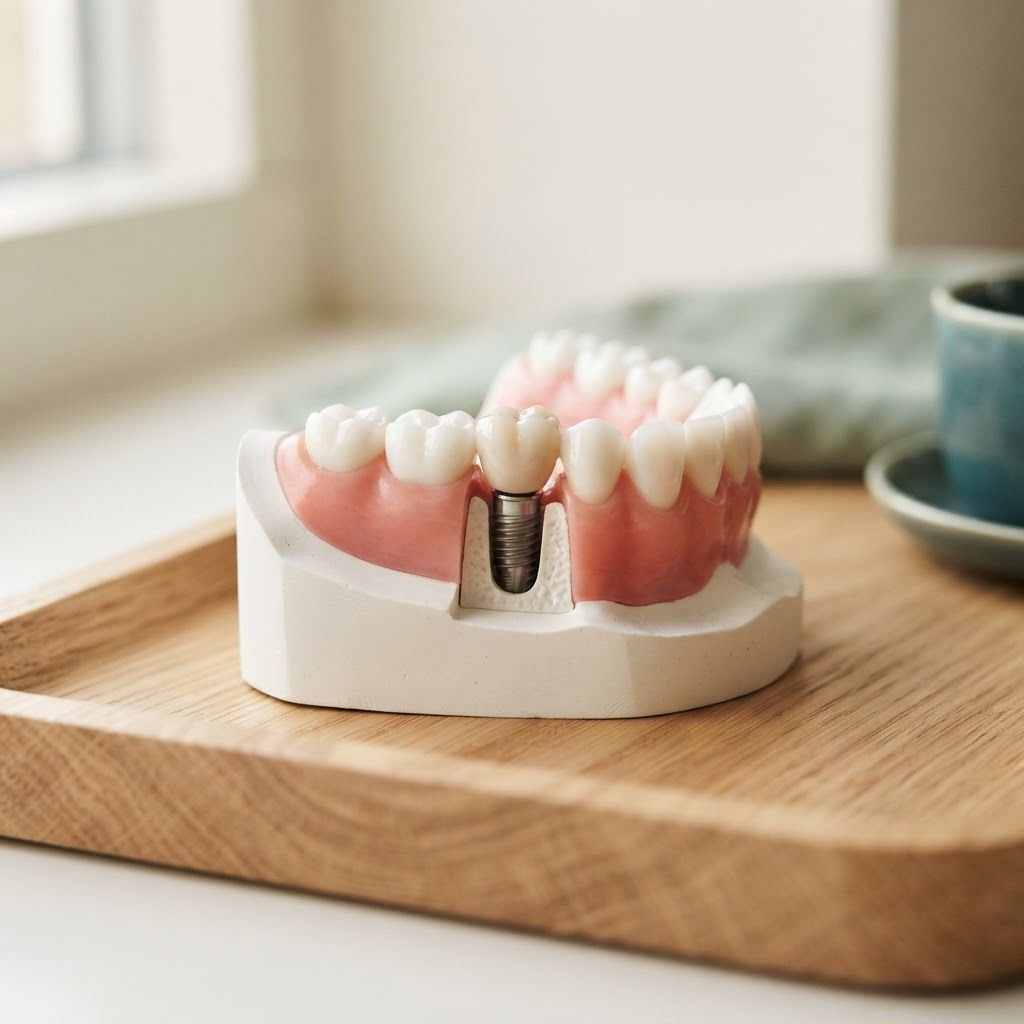 Maqueta de una arcada dental con un implante sobre una bandeja de madera