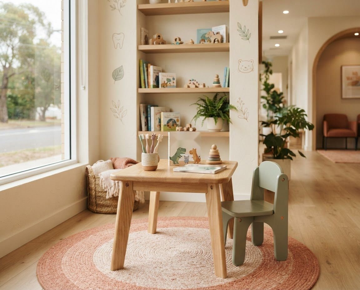 Rincón infantil con mesa pequeña, sillas y estanterías con juguetes