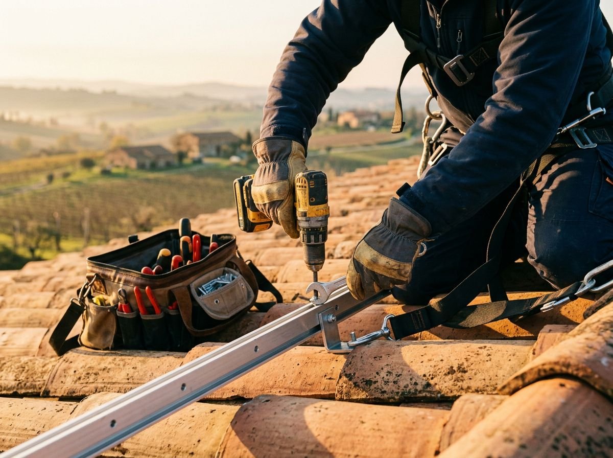 Instalador fijando la estructura de las placas solares sobre un tejado