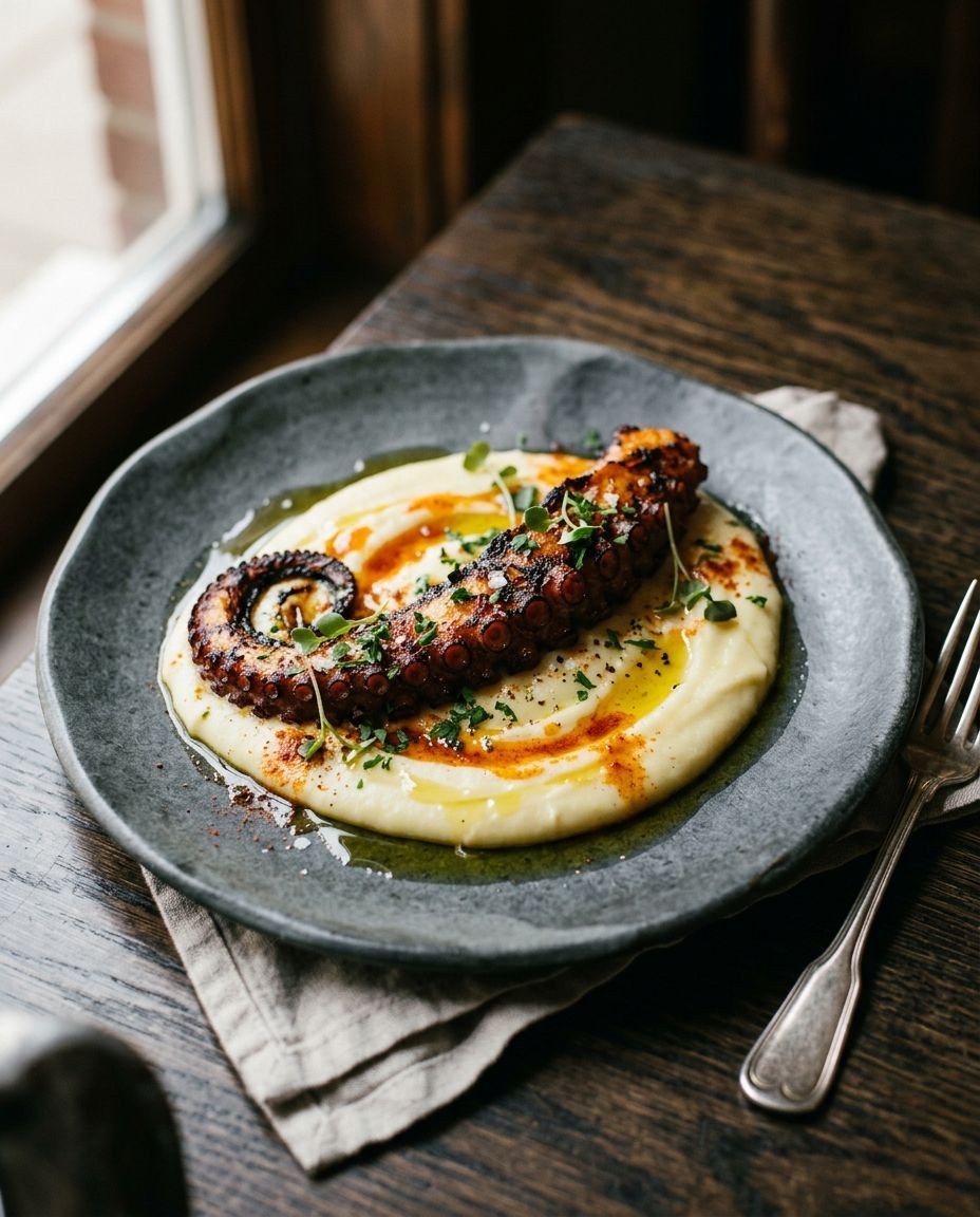 Pulpo a la brasa sobre crema de patata con pimentón