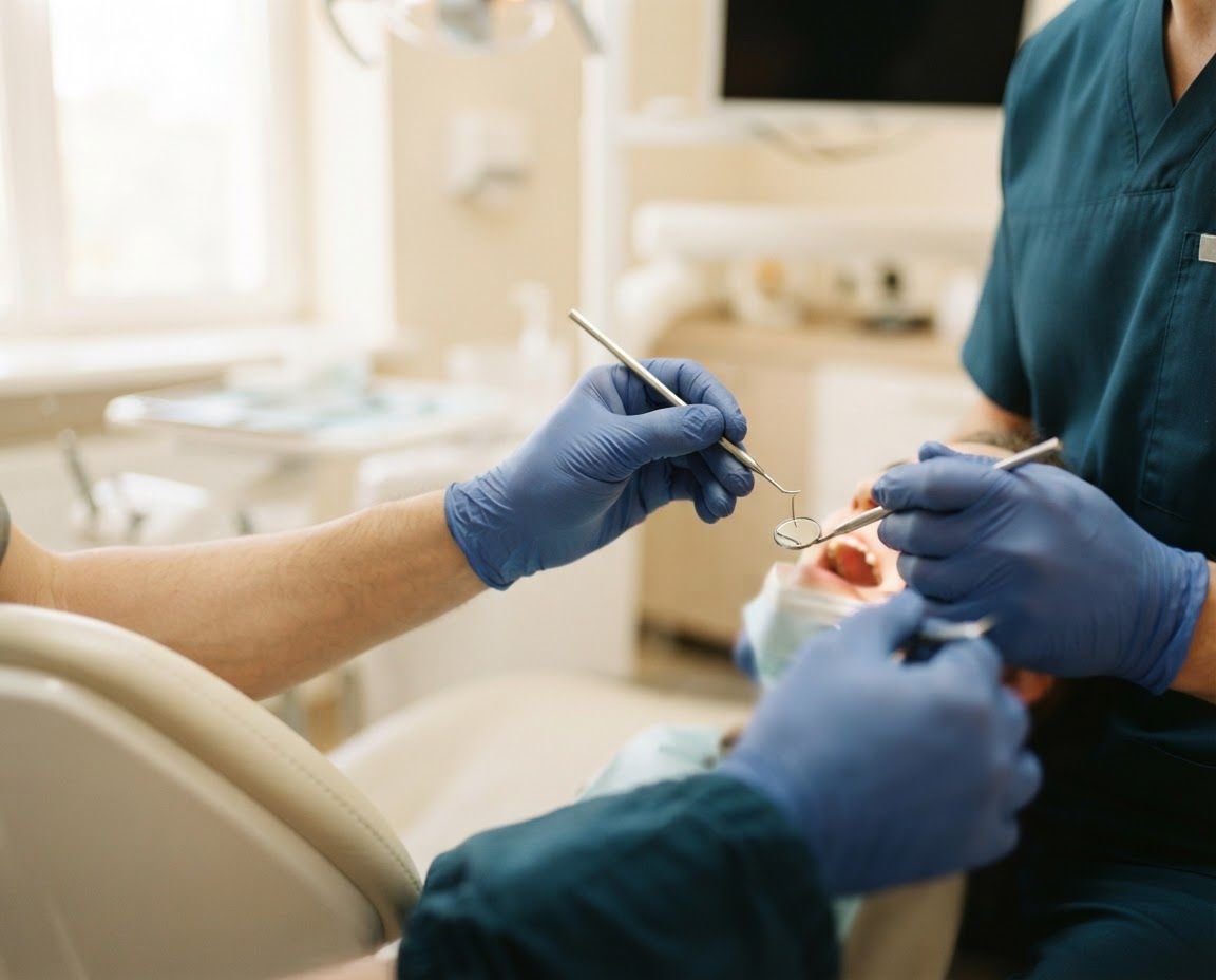 Revisión dental con guantes e instrumental, sin mostrar caras
