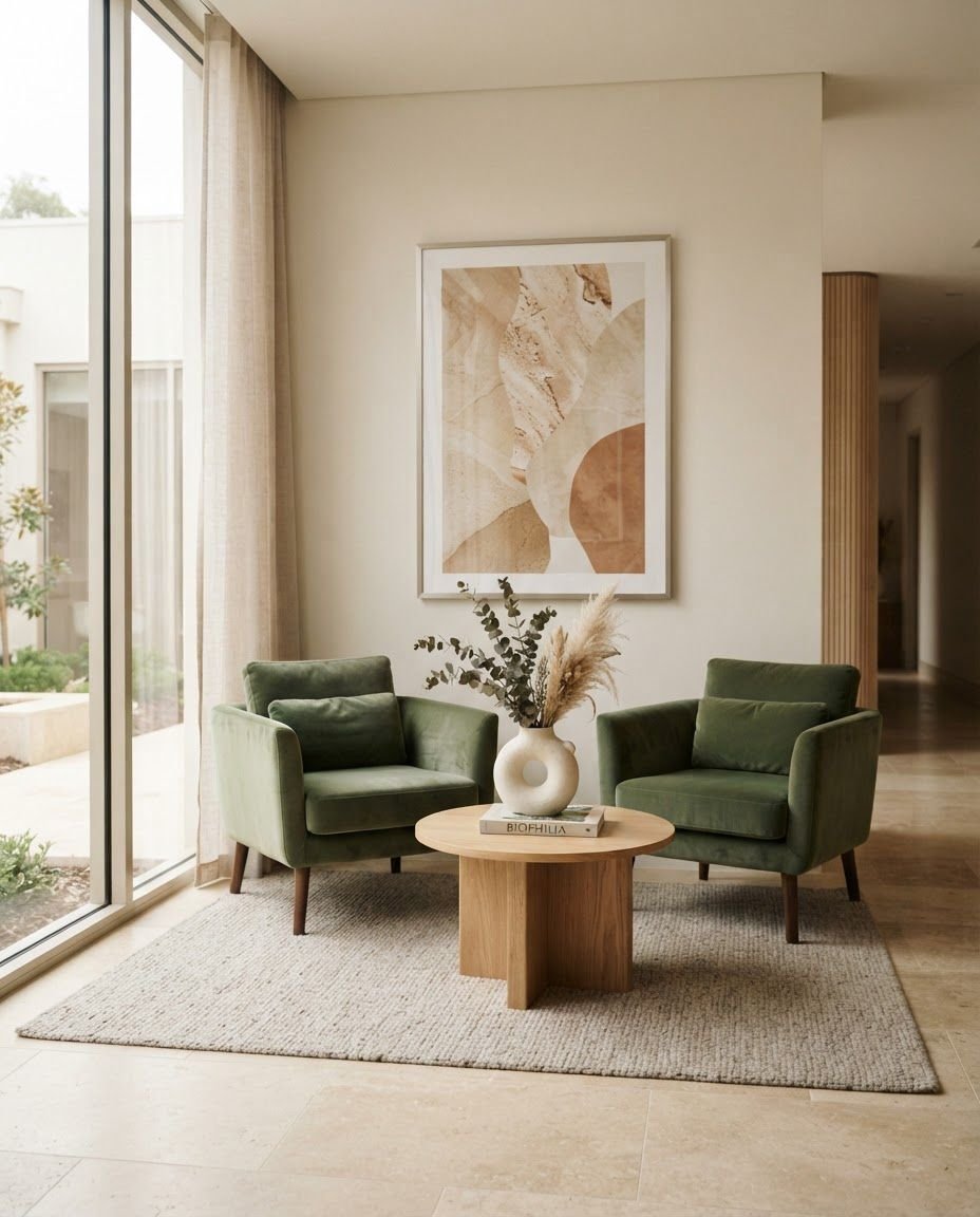 Sala de espera con dos butacas verdes junto a un ventanal