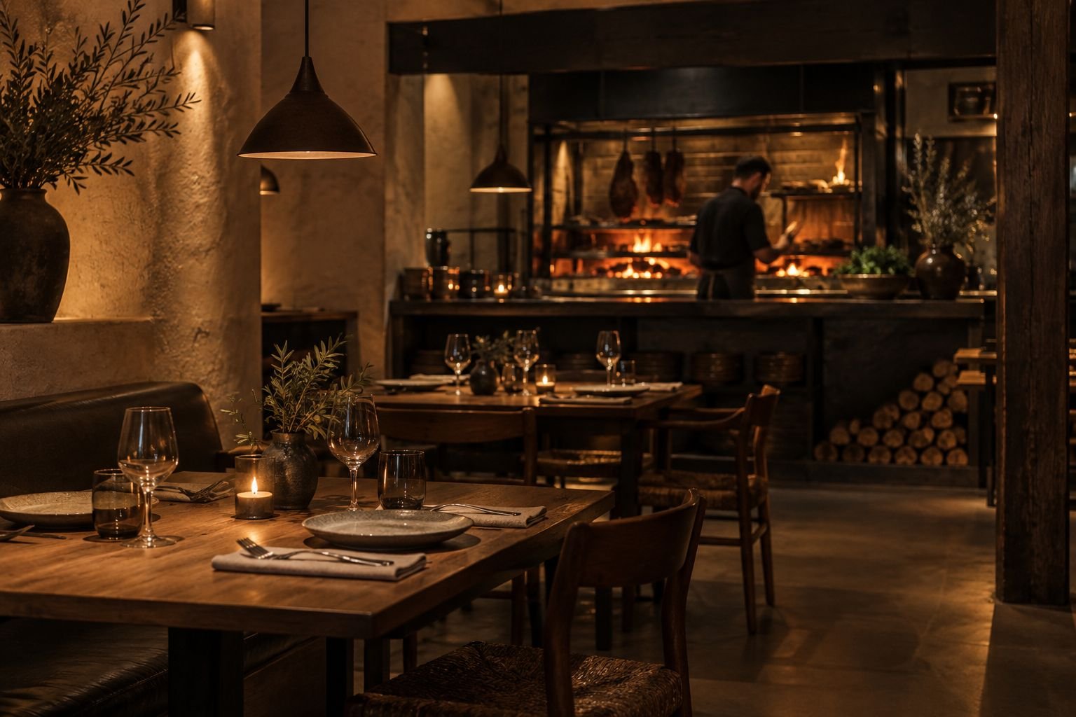 Comedor de noche con mesas de madera, velas y la cocina abierta al fondo