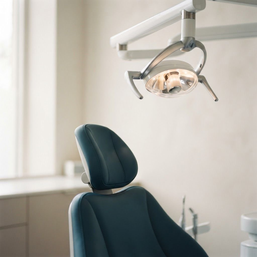 Sillón dental y lámpara junto a una ventana