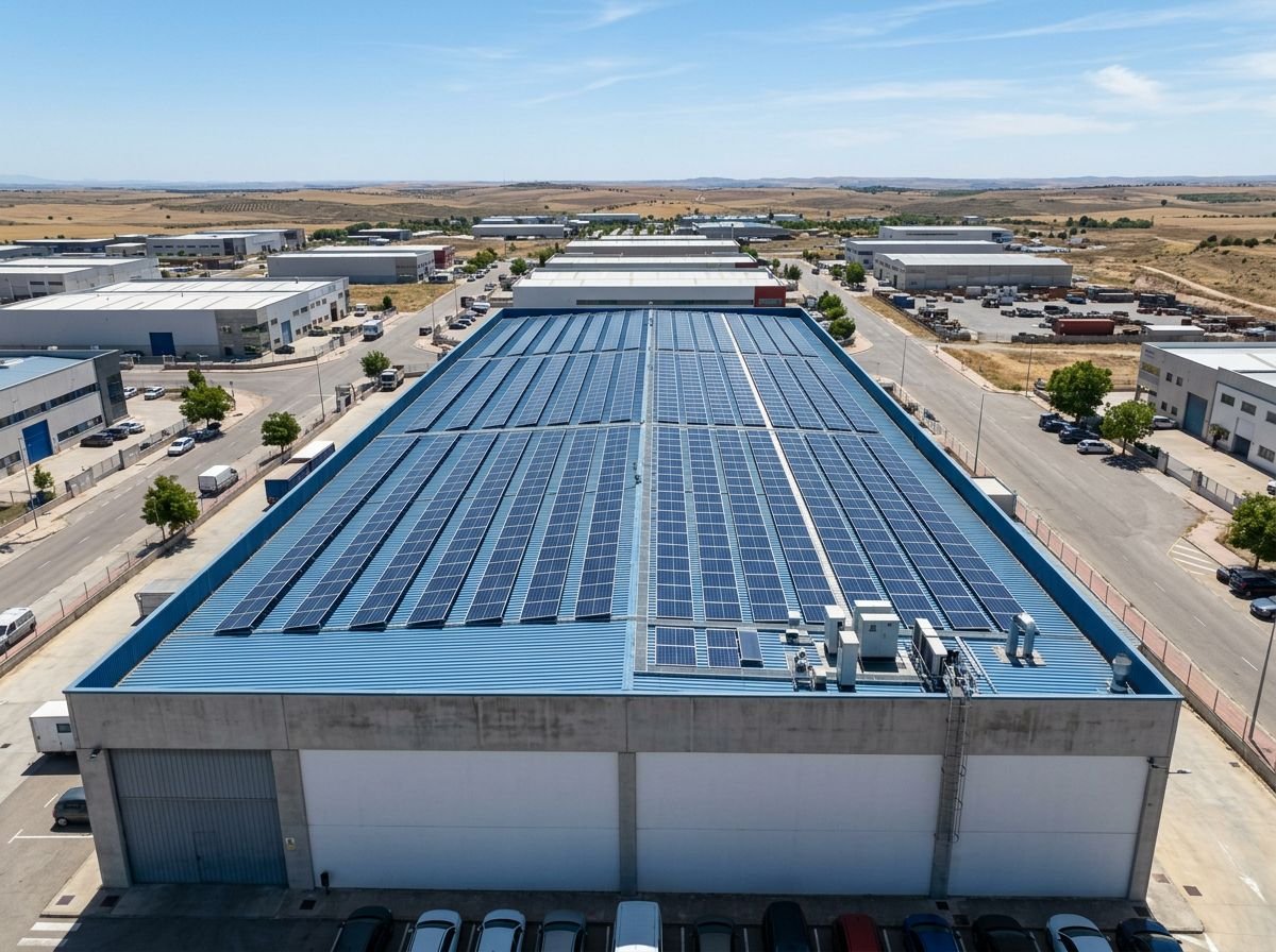 Vista aérea de una nave industrial con la cubierta llena de placas solares
