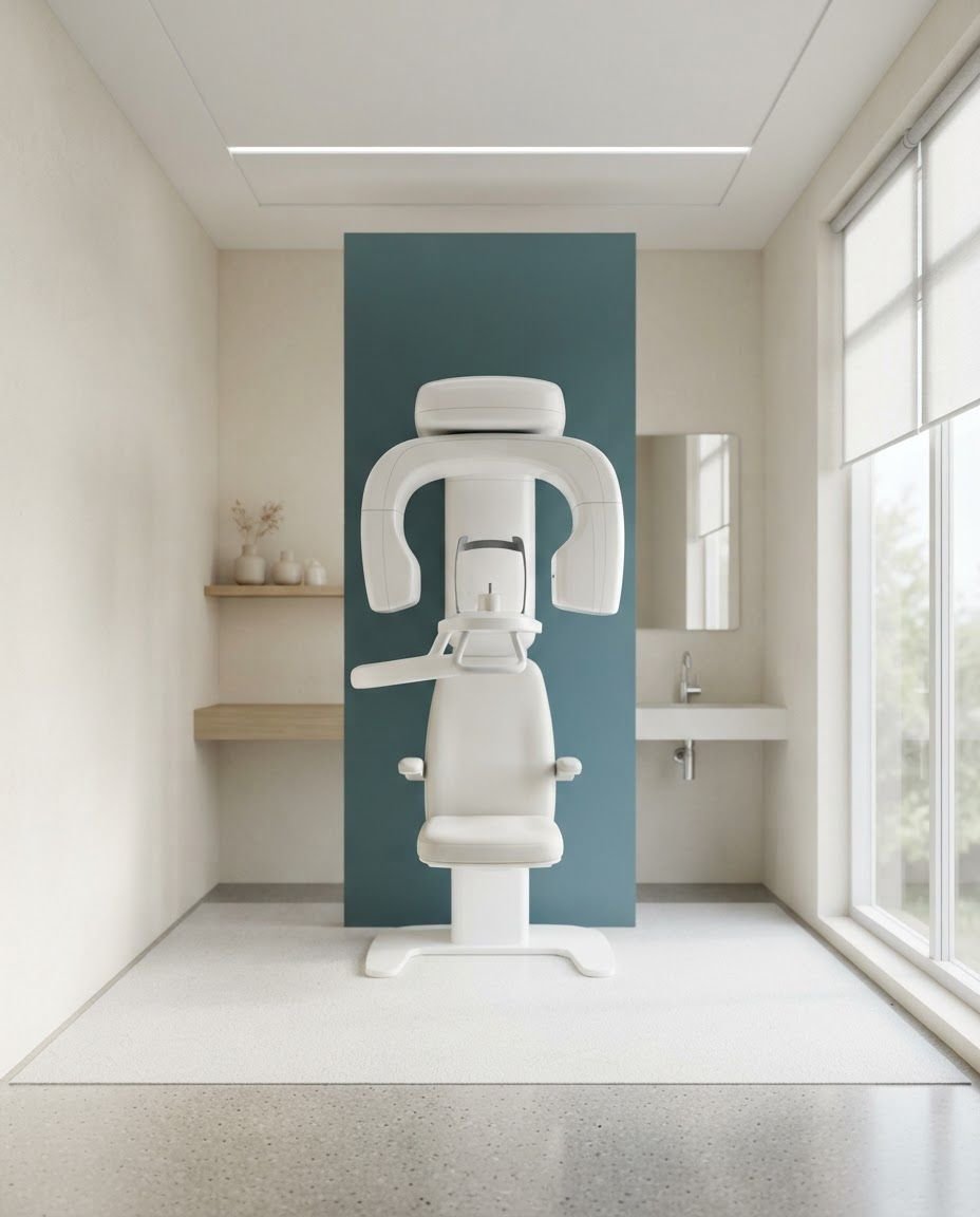 Equipo de radiografía 3D en una sala blanca con pared verde