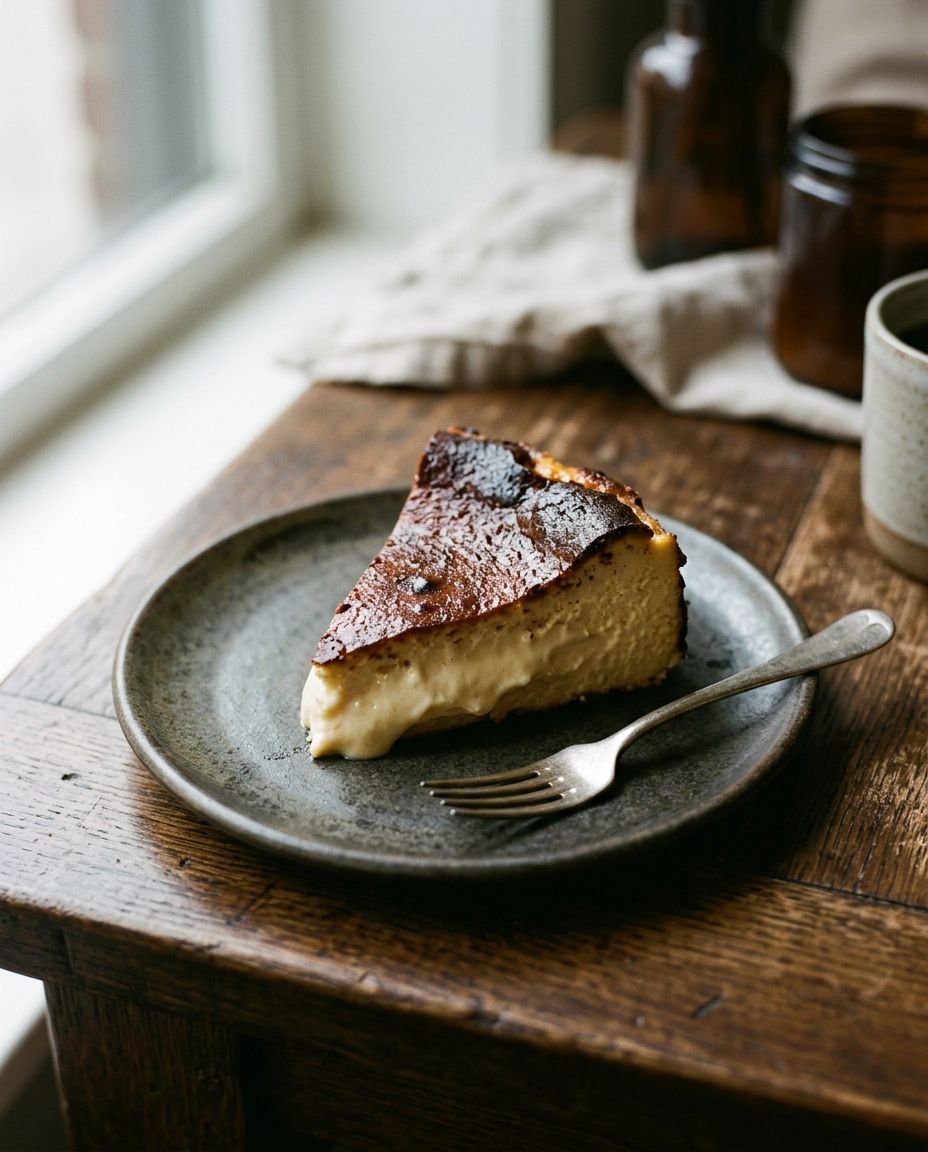 Porción de tarta de queso tostada con un tenedor