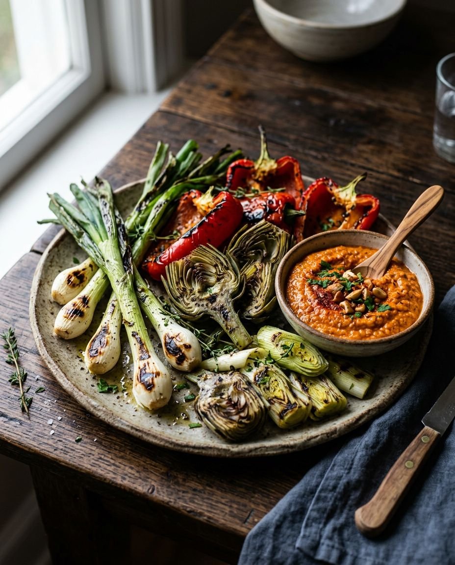 Verduras asadas con romesco sobre una fuente de cerámica